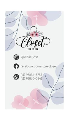 a business card with pink flowers and leaves on it, the front side is white