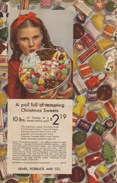 an old advertisement for christmas sweets with a girl holding a bowl full of candies