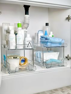 the bathroom is organized and ready to be used as a storage unit for personal care items