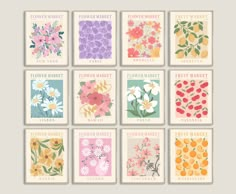 six flower market cards in pastel colors