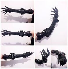 four photos of hands and arms made out of black plastic with metal parts attached to them