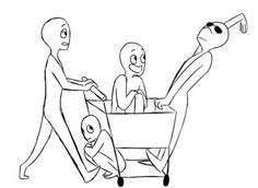 an animated drawing of two people pushing a baby in a stroller and another person standing next to them