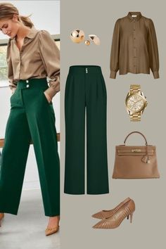 Outfit Inspo |Brown Women's Full Sleeve Shirt with Green Straight Pant | with  Tan Leather Bag and Tan Knitted Heels| Trousers Outfit Ideas | Women's Fashion | Outfit Inspiration | Casual Work Outfits | Spring Summer Outfits Tan Color Outfits For Women, Outfit Ideas For Green Pants, Olive Green And Tan Outfit, Green Pants Outfit Women Work, Dark Green And Beige Outfit, Dark Green Trousers Outfit Women, Green Autumn Outfit, Autumn Business Outfit, Green Trousers Outfit Women Color Combos