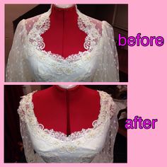 before and after photos of a wedding dress with lace overlays on the neckline