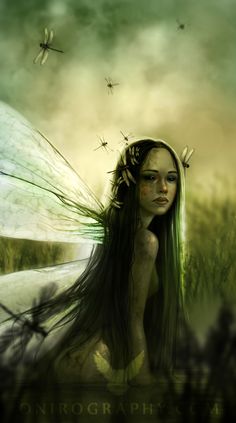 a woman with long hair sitting on the ground next to grass and dragonflies flying above her