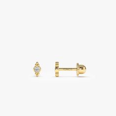 "Diamond Piercing / Six Dot Diamond Piercing in 14k Solid Gold / Screw Back Bezel Setting Diamond Piercing by Ferkos Fine Jewelry Item Details * Sold as Single Piercing * Gold Kt: 14K * Available Gold Color: Rose Gold, Yellow Gold, White Gold * Length & Width: 6x 2.9 MM * Length of Bar: 6.5 MM * Round Diamonds: 2 pcs 2.00MM (pair) * Total CTW: 0.08 ctw (pair) * Diamond Color-Clarity: G Color SI Clarity Be sure to hit \"favorite\" on the right so it remains in your favorites list and/ or add to y Diamond Piercing, Single Piercing, Gold Armband, Ruby Jewelry, Helix Piercing, Emerald Jewelry, Sapphire Jewelry, Single Earring, Gold Wedding Band