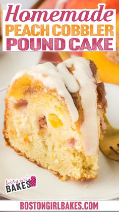 this homemade peach cobbler pound cake is so good it's made with fresh peaches and topped with icing