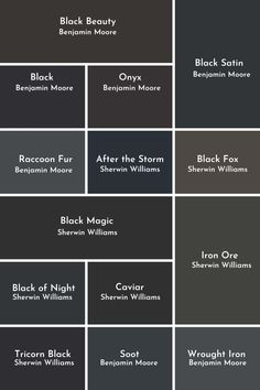 many different shades of black and white paint on the walls, with names in each color