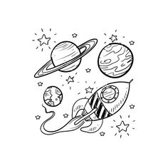 the planets and stars are drawn in black ink on a white background, with space shuttles