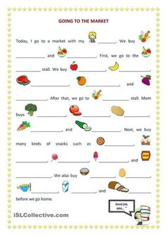 the worksheet for going to the market is shown with pictures and words on it