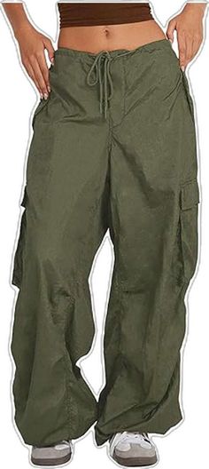 Green Parachute Pants, Baggy Parachute Pants, Army Cargo Pants, Y2k Street Style, Cargo Pants For Women, Y2k Cargo Pants, Baggy Cargo Pants, Baggy Style, Stylish Summer Outfits