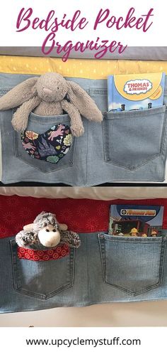 the stuffed animal is sitting in the pocket of some blue jeans with pockets on them