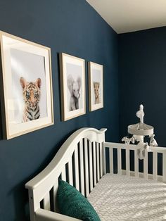 a baby's room with blue walls and pictures on the wall