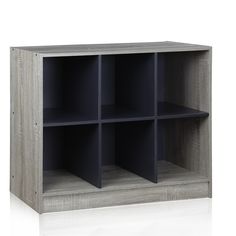 a wooden shelf with four shelves on each side