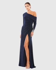 Beaded Cuff Drop Shoulder Faux Wrap Gown Mac Duggal Dress, Off Shoulder Gown, Mac Duggal Dresses, Long Sleeve Gown, Evening Dresses Cocktail, Mac Duggal, Beaded Cuff, Long Sleeve Jersey, Ball Gowns Wedding