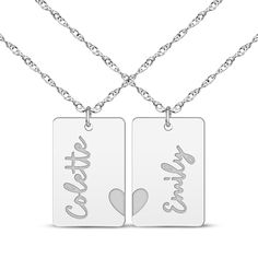 Celebrate a special, unbreakable bond with this chic two-piece friendship necklace set. Crafted in 14K white gold Each dog tag-style pendant features half of a heart and the name of your choice engraved sideways Both 16-inch rope chains have 2-inch extenders and secure with spring ring clasps Half Of A Heart, Name Tag Necklace, Friends Heart, Friendship Necklace, Friendship Necklaces, Accessories Jewelry Necklace, Dog Tag, Name Tag, Rope Chain