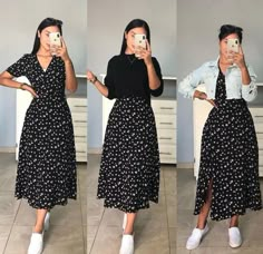 three pictures of a woman taking a selfie with her cell phone and wearing a black floral dress