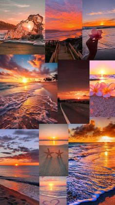 a collage of photos with the sun setting over water and clouds in the sky