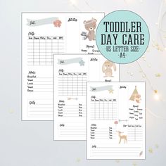 three printables for toddler day care with animals and stars on the background