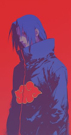 an anime character with blue hair and red background