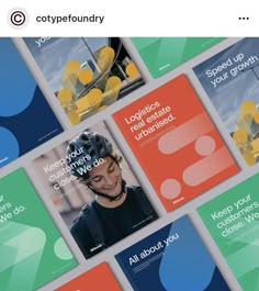 a bunch of brochures with different colors and shapes on them, including one man wearing a helmet