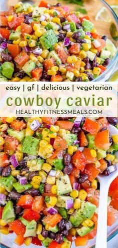 a bowl full of colorful vegetables and the words easy leftover vegetarian cowboy caviar