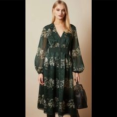 Size 4 Nwt Ted Baker Dress Ted Baker Sz 1 Us Sz 4 Dark Green Dress, Christmas Dress Women, Ted Baker Dress, London Dresses, Green Floral Dress, Elegant Dresses For Women, Long Sleeve Midi, Long Sleeve Midi Dress, Christmas Dress