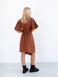 "MARY is a short sleeve robe style linen wrap dress with a self tie belt. DETAILS - Self tie belt with no closure or belt loops - Dolman style sleeves - Knee length - 100% lightweight European linen fabric - Cut and sewn to order just for you in our studio COLOR - Rust, you can also choose other colors above - Fabric samples are available here https://www.etsy.com/listing/586569696/linen-fabric-samples SIZING & FIT - Relaxed fit - True to size - Measurements taken from a size XS - Model is 5 Belted Linen Wrap Dress, Linen Wrap Dress With Belt, Casual Linen Wrap Dress With Tie Waist, Belted Linen Shirt Dress For Work, Short Sleeve Wrap Dress With Tie Waist For Work, Summer Linen Belted Shirt Dress, Fitted Linen Belted Shirt Dress, Short Sleeve Linen Dress With Tie Waist, Spring Short Sleeve Linen Dress With Belt