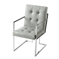 a white leather chair with metal legs on a white background and the seat is upholstered