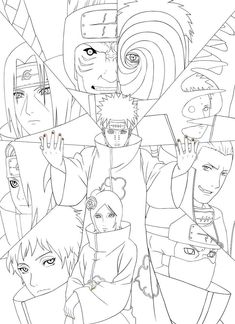 an image of anime characters with their faces drawn in black and white coloring book pages