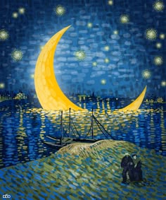 a painting of a man sitting on a boat in the water with a yellow moon above him