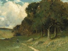 a painting of a man walking down a path through a field next to a tree