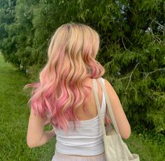 Blonde Sunset Hair, Light Pink Ends On Blonde Hair, Two Color Hair Dye Ideas Blonde, Hair Dye Inspo For Blondes, Rose Gold Streaks In Blonde Hair, Honey And Pink Hair, Blond With Pink Hair, Blonde To Pink Balayage, Blonde To Pink Ombre Hair