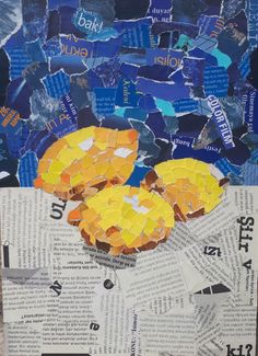 an altered collage of newspaper pages with yellow and blue pieces of paper on them