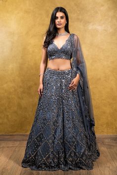 Nitika Gujral-Charcoal Grey Lehenga Choli Set-INDIASPOPUP.COM Grey Lehenga Outfit, Grey Lehenga Color Combos, Gray Lehenga, Tulle Lehenga, Grey Lehenga, Designing Clothes, Grey Wedding Dress, Simple Lehenga, Lehenga Jewellery