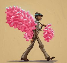 a painting of a man carrying pink flowers