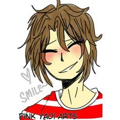 a drawing of a boy with brown hair and red shirt on, smiling at the camera