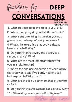 Deep Conversation Starter Couple Deep Talk Questions, Question For Deep Conversation, Casual Conversation Topics, Questions To Start Conversations, Friendly Conversation Starters, Dating Questions Funny, Deeper Conversation For Couples, Open Questions Conversation Starters