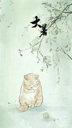 an orange cat sitting in front of a tree with chinese writing on the back ground