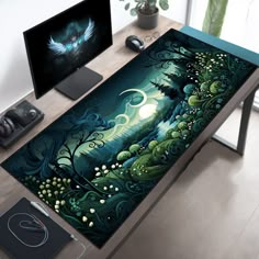 a computer desk with a painting on it