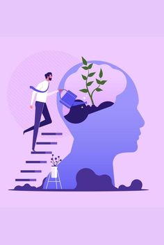 a man is climbing up the stairs to reach a plant growing out of his head