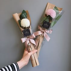 two flowers are wrapped in cellophane and tied to the wall with ribbon around them