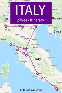 a map with the words italy and two - week itinerary in purple on top