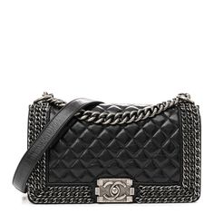 This is an authentic CHANEL Glazed Calfskin Quilted Medium Chain Around Boy Flap in Black. This chic shoulder bag is crafted of quilted leather in glossy black with an aged silver chain detail between the linear pattern frame. The shoulder bag features a matching chain-link shoulder strap with a leather shoulder pad and an aged Boy Chanel CC press lock for the facing flap. This opens to a burgundy fabric interior with a long patch pocket. Boy Chanel, Burgundy Fabric, Linear Pattern, Chanel Boy, Quilted Leather, Shoulder Pads, Chain Link, Patch Pocket, Calf Skin