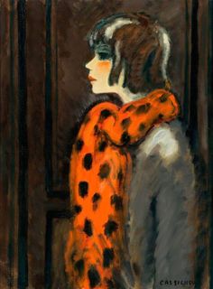 a painting of a woman with a leopard print scarf