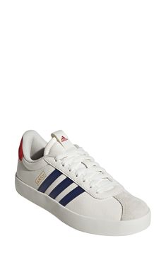 Light cushioning ensures lasting comfort in a skate-ready sneaker designed for durability. Cushioned insole Leather and synthetic upper/textile lining/rubber sole Imported Adidas Vl Court, Designer Sneakers, Scarlet, Nordstrom Rack, White Blue, Womens Sneakers, Rubber Sole, Nordstrom, Off White