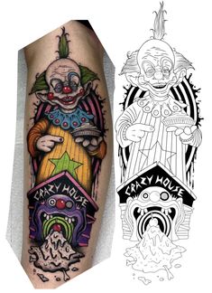 an image of a tattoo with clowns and other tattoos on the leg, one is black