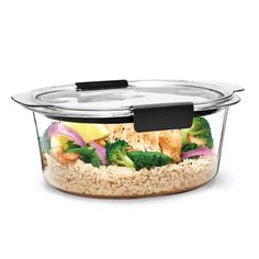 a glass container filled with rice and vegetables