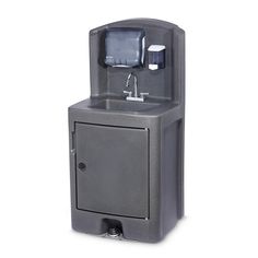 a water fountain with a sink and soap dispenser on the front side