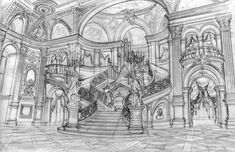 a drawing of a staircase in a building with many arches and pillars, surrounded by statues